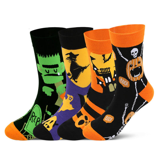 Plus Size Halloween Cute Printed Crew Socks(5 Pairs) - Loss+Skeleton*2+Witch+Castle - EU43-49(US9-14) - image 1