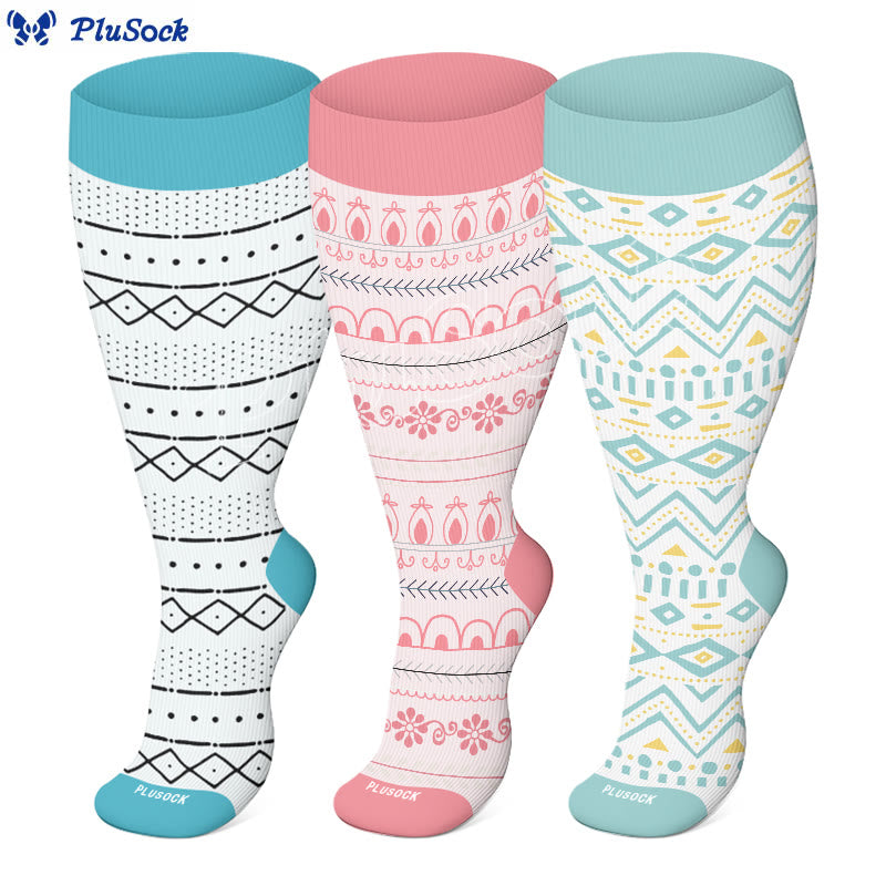 Plus Size Argyle Bohemian Style Compression Socks(3 Pairs)