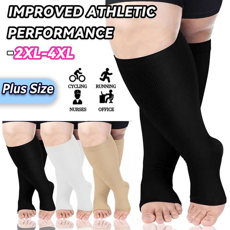 Plus Size Solid Color Open Toe Compression Socks(3 Pairs) - image 1
