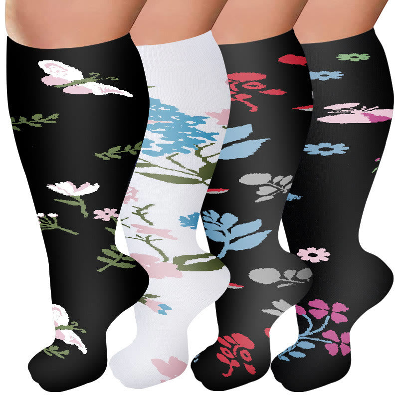 Plus Size Flower Butterfly Compression Socks(4 Pairs) - Multicolor - 4XL - image 1
