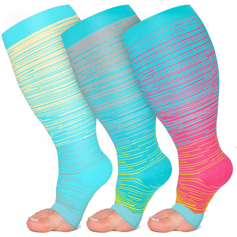 Plus Size Color Stripes Open Toe Compression Socks(3 Pairs) - image 1