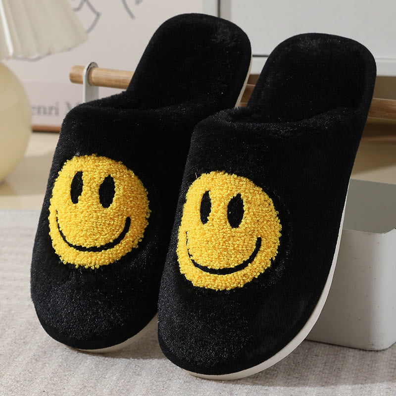 Plus Size Plush Smiley Face Slippers - Black - US 11-12 - image 3