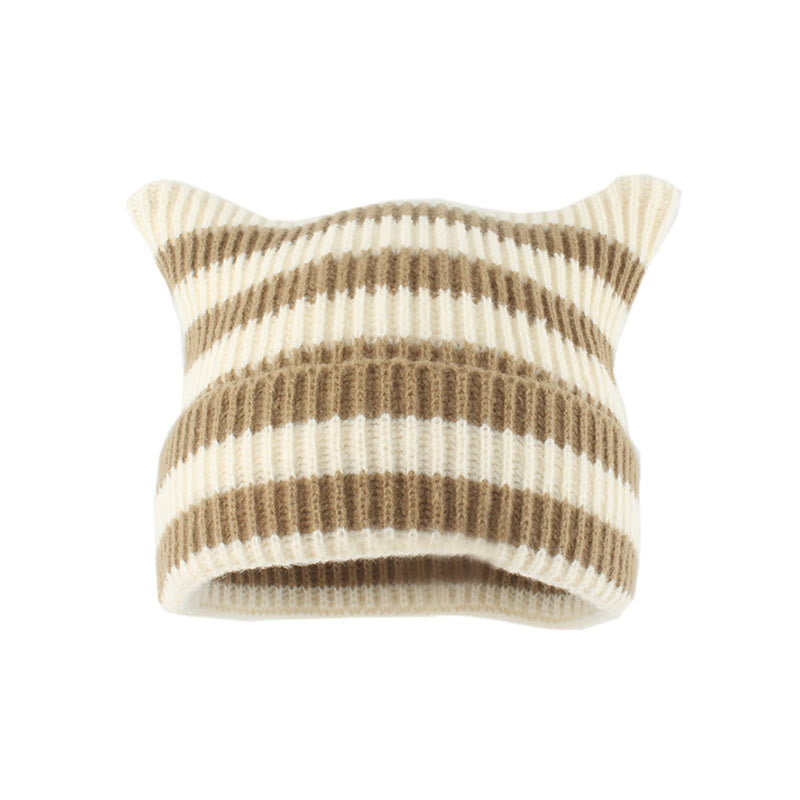 Plus Size Thick Stripes Cat Ears Beanie - Khaki - One Size - image 6