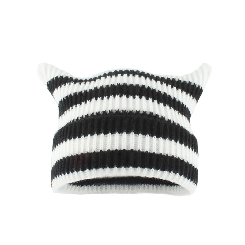 Plus Size Thick Stripes Cat Ears Beanie - White - One Size - image 8