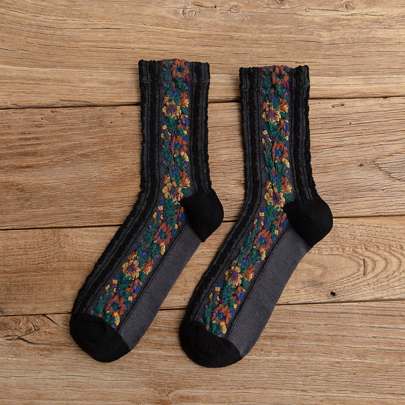 Folk Style Floral Quarter Socks(5 Pairs) - Black - EU36-40(US3-7) - image 14