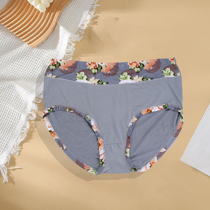 Plus Size Solid Color Floral Print Panty(6 Packs)