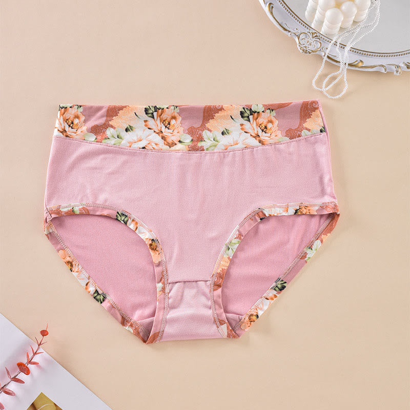 Plus Size Solid Color Floral Print Panty(6 Packs)