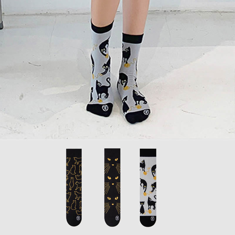 Plus Size Cartoon Black Cat Quarter Socks(3 Pairs) - Multicolor - EU36-43(US3-9) - image 1