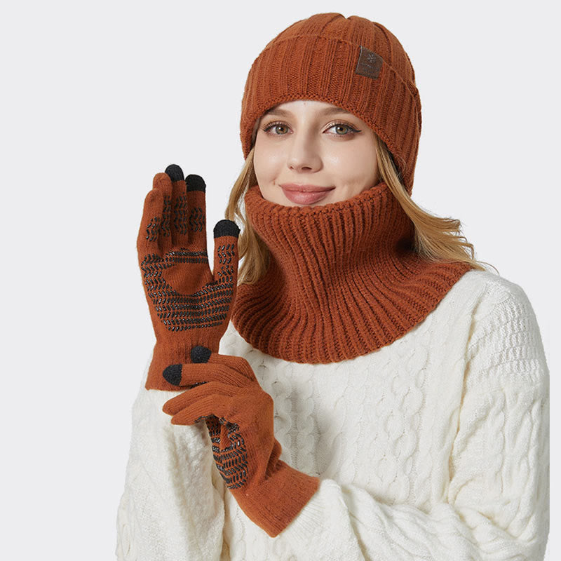 Fashionable Warm Gloves Beanie Scarf 3 In 1 Set