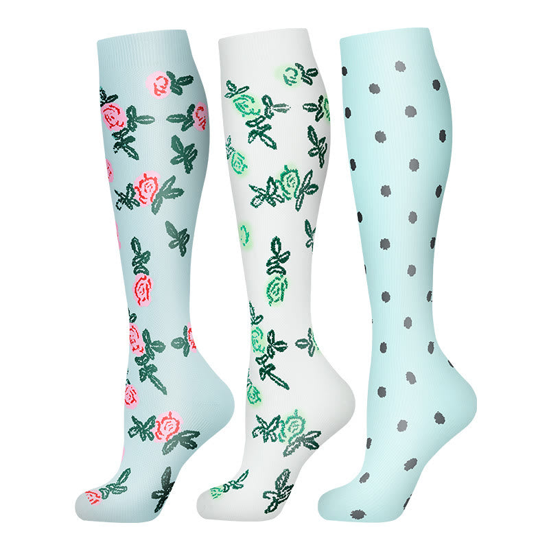 Flower Polka Dot Compression Socks(3 Pairs) - Multicolor - S/M - image 1