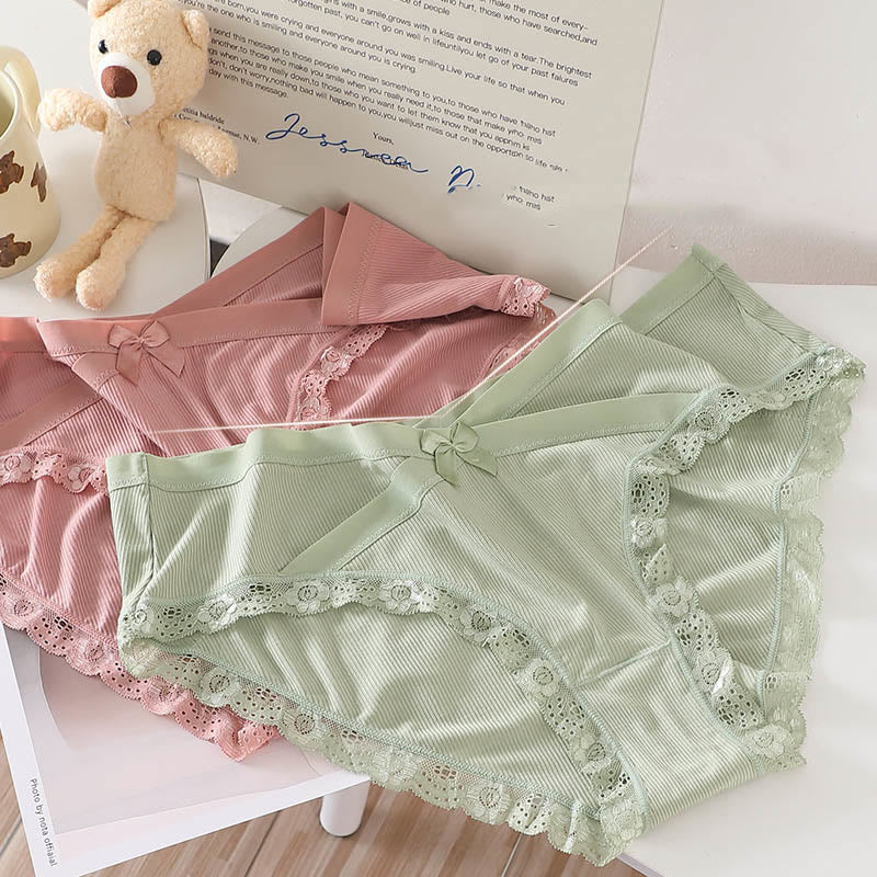 Plus Size V-waist Lace Trim Bow Decor Panty(3 Packs)