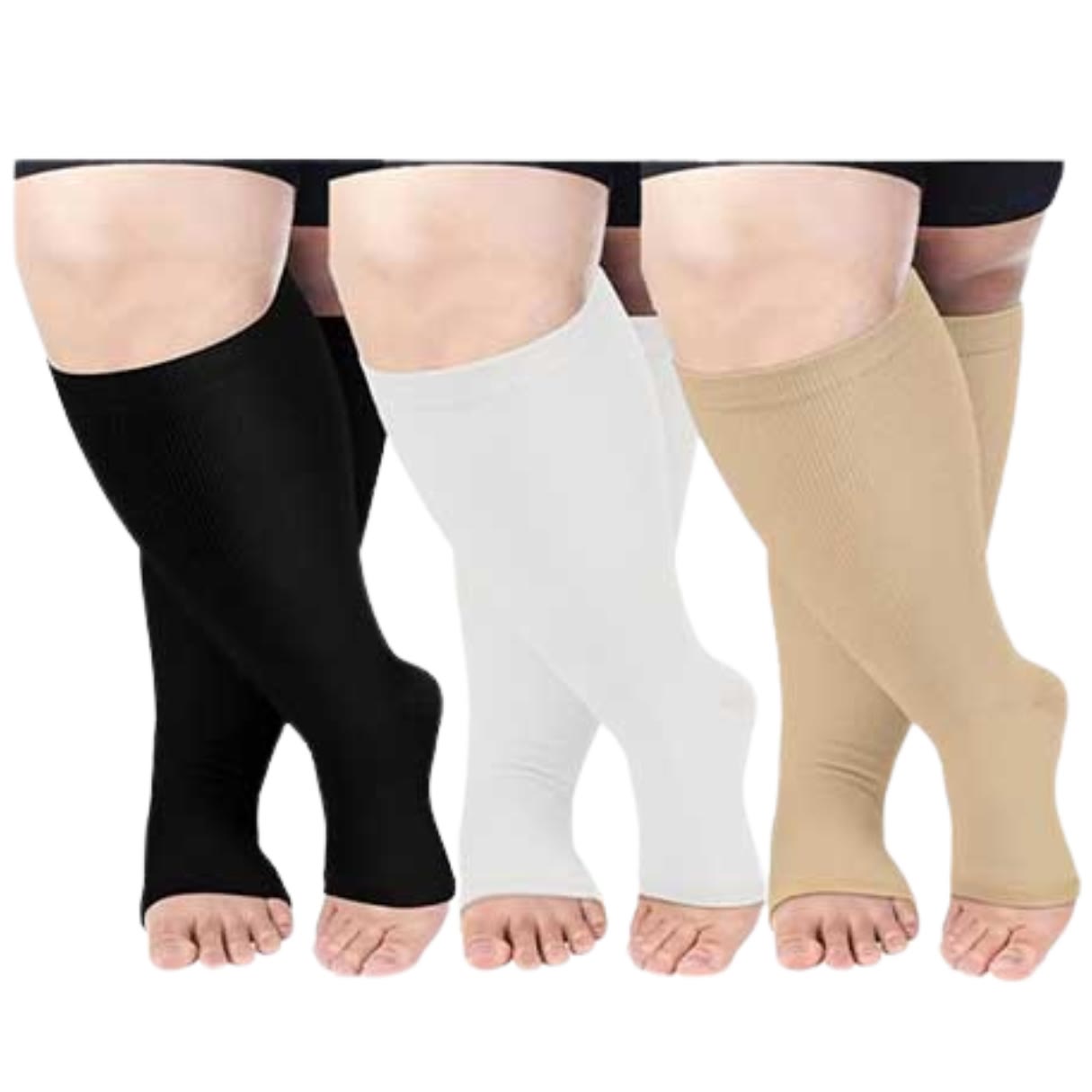 Plus Size Solid Color Open Toe Compression Socks(3 Pairs) - Multicolor - 4XL - image 10