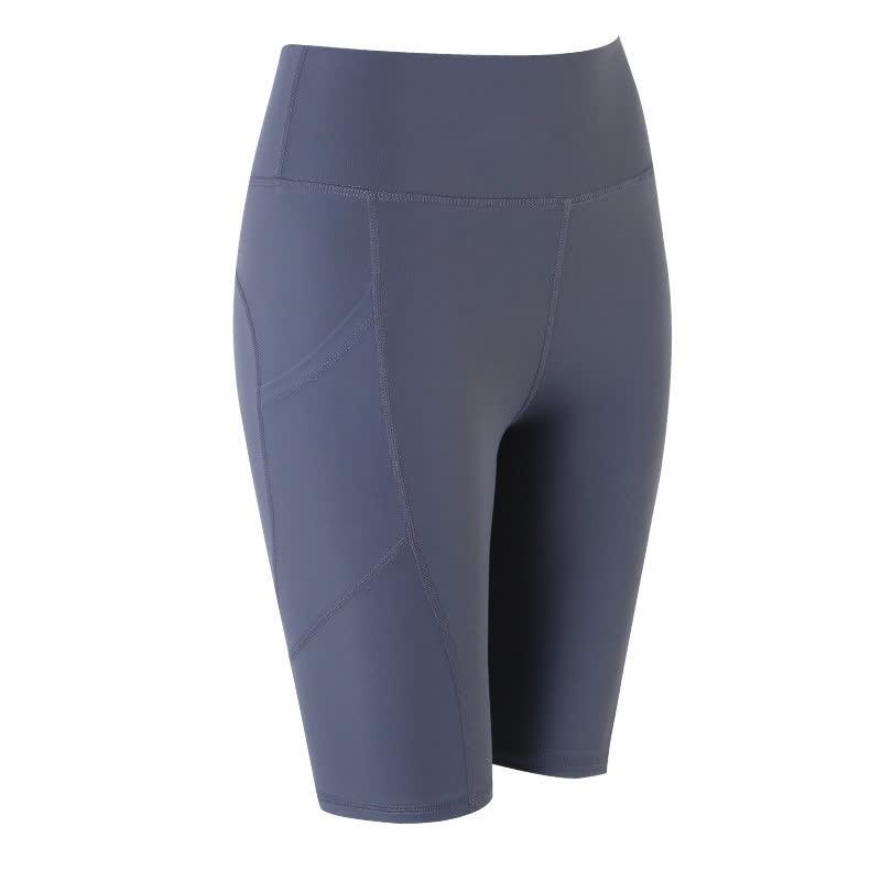 High Waist Hip Lift Side Pocket Yoga Shorts - Grey - 4XL - image 5