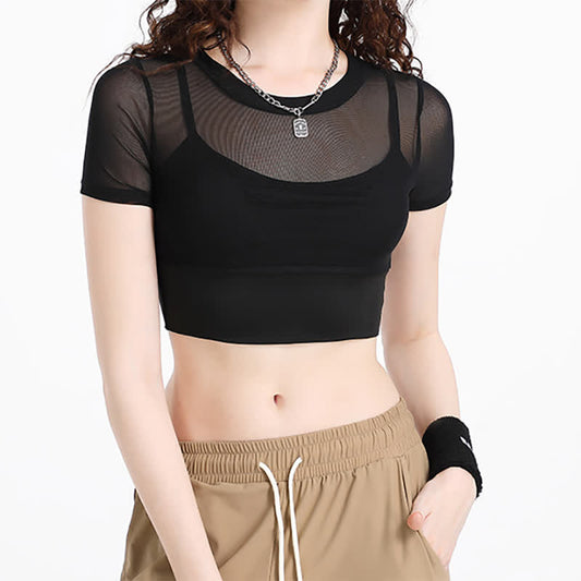 Plus Size Mesh Yoga Short Sleeves With Removable Chest Pad