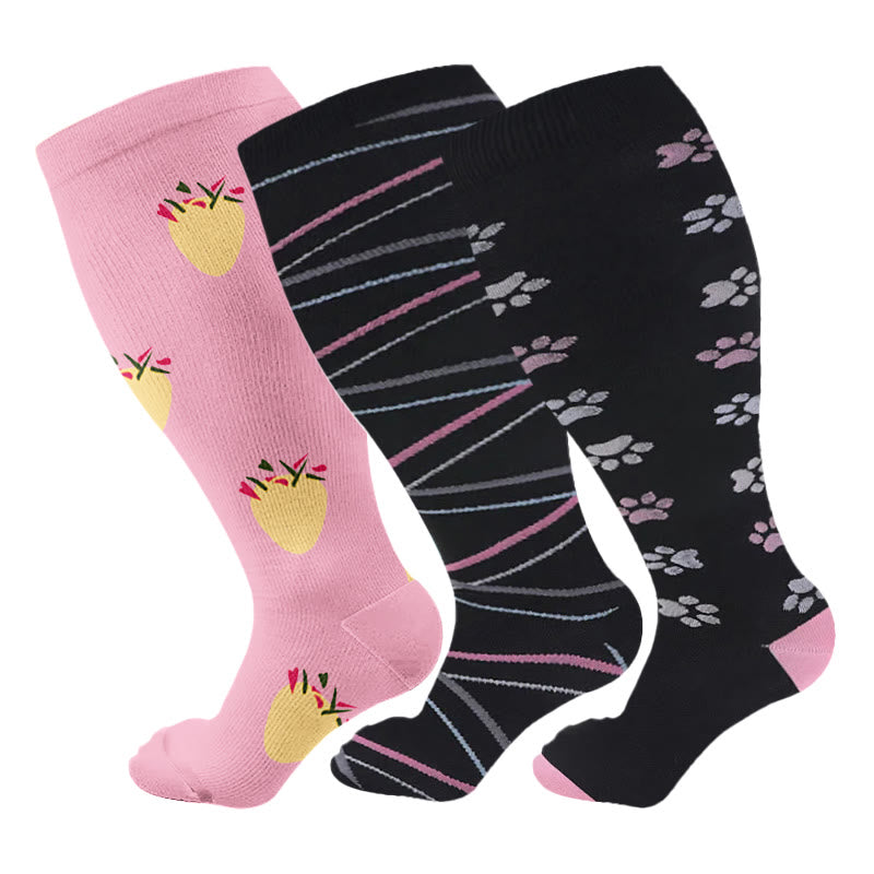 2XL-7XL Plus Size Dog Footprints Pineapple Compression Socks(3 Pairs) - Multicolor - 7XL - image 10