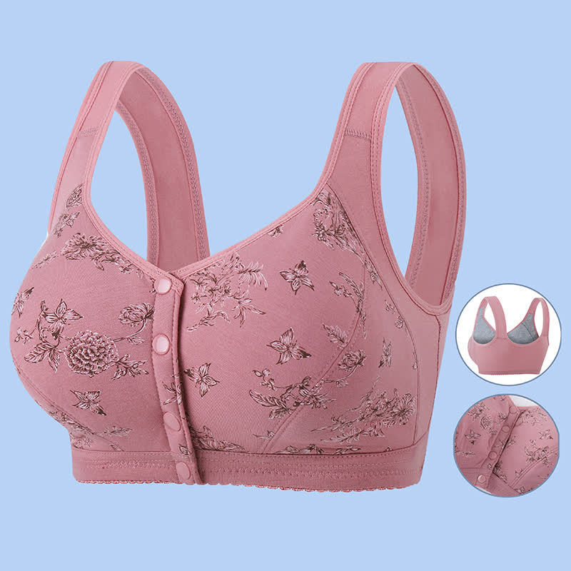 Butterfly Flower Printed Front Closure Wireless Bra - Pink - 5XL - image 4