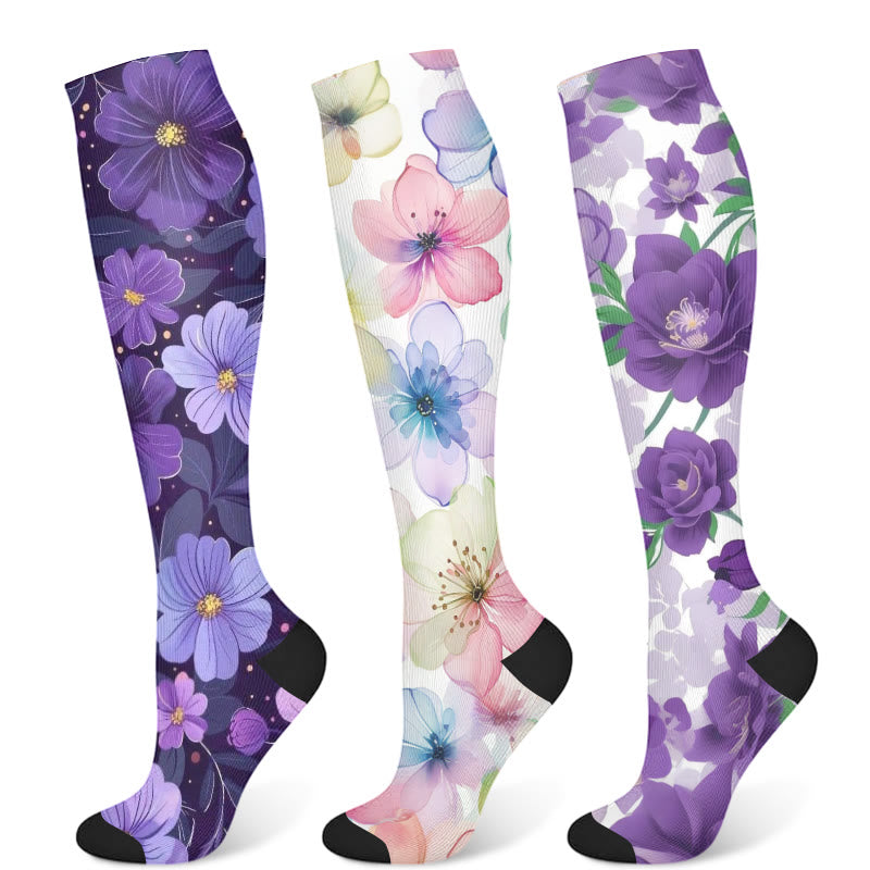 Purple Flower Series Compression Socks(3 Pairs) - Multicolor - S/M - image 8