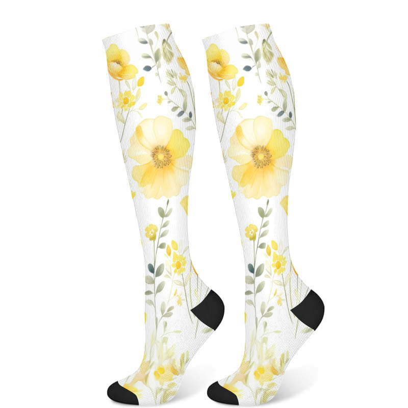 Yellow Pink Blooming Flower Compression Socks(3 Pairs)