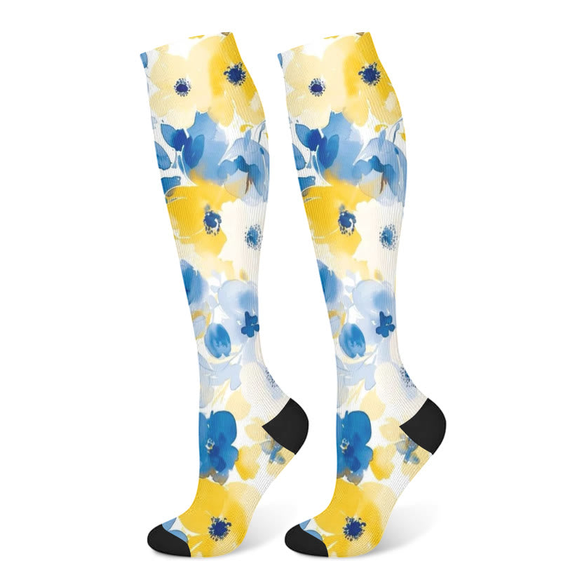 Yellow Pink Blooming Flower Compression Socks(3 Pairs) - Blue(1 Pair) - S/M - image 7