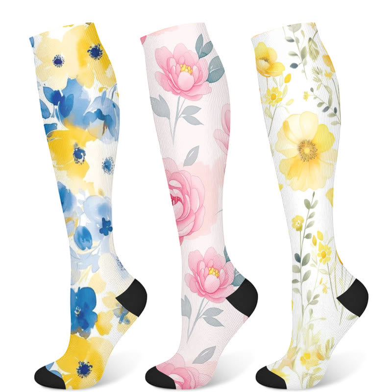 Yellow Pink Blooming Flower Compression Socks(3 Pairs)