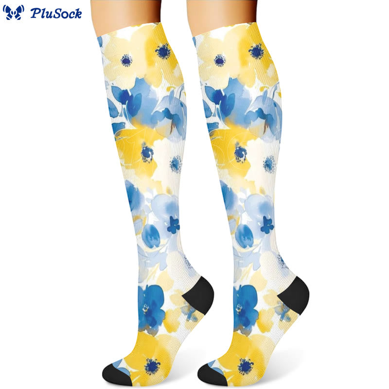 Yellow Pink Blooming Flower Compression Socks(3 Pairs)