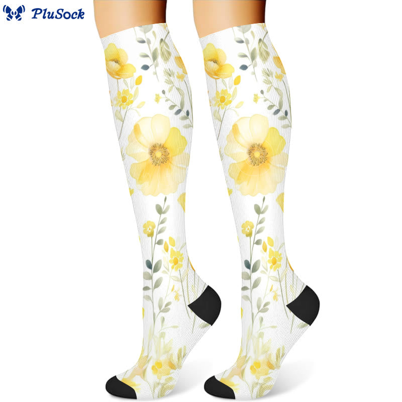 Yellow Pink Blooming Flower Compression Socks(3 Pairs)