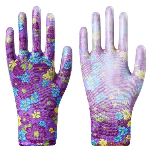 Floral Print Abrasion Resistant Gardening Work Gloves(12 Pairs) - Purple - One Size - image 1