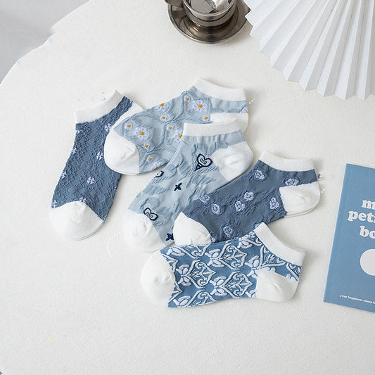 Blue Flowers Ankle Socks(5 Pairs) - Multicolor - EU36-40(US3-7) - image 1