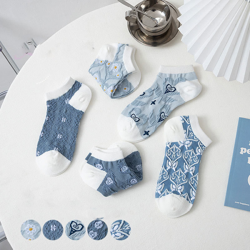 Blue Flowers Ankle Socks(5 Pairs) - image 2