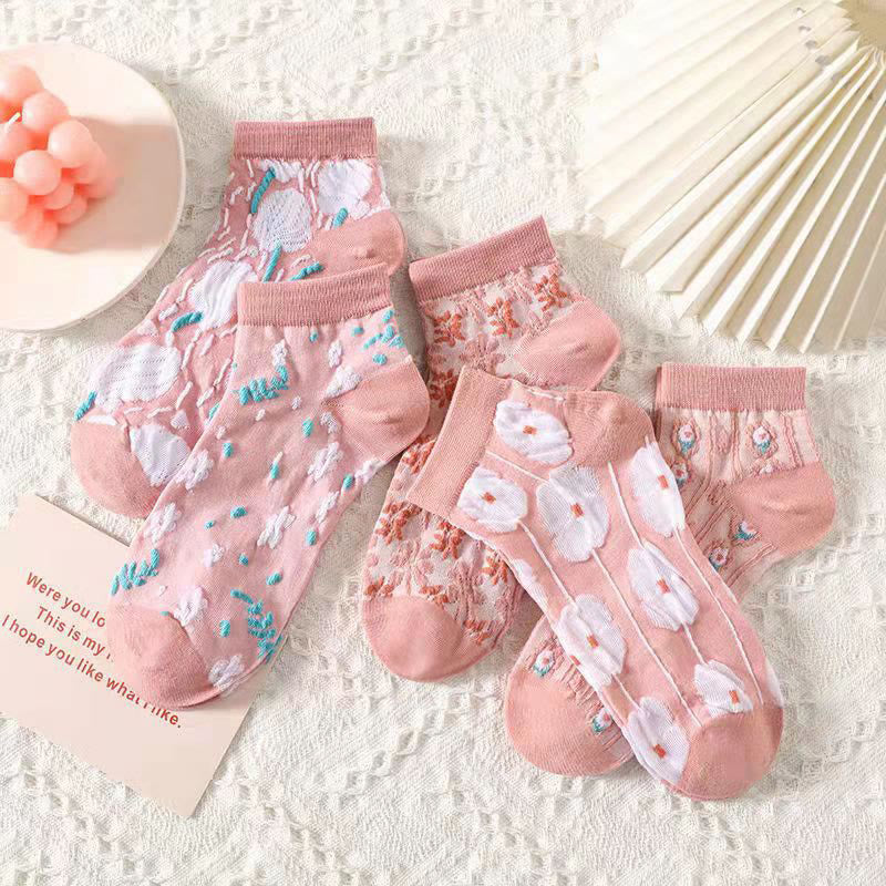 3D Pink Flowers Ankle Socks(5 Pairs) - image 2