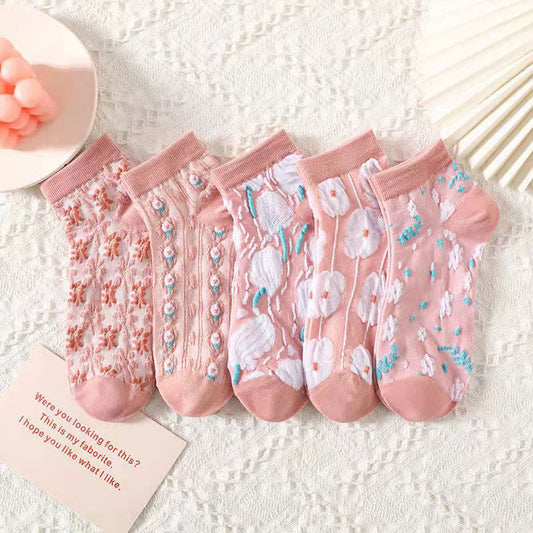 3D Pink Flowers Ankle Socks(5 Pairs) - Multicolor - EU36-40(US3-7) - image 1