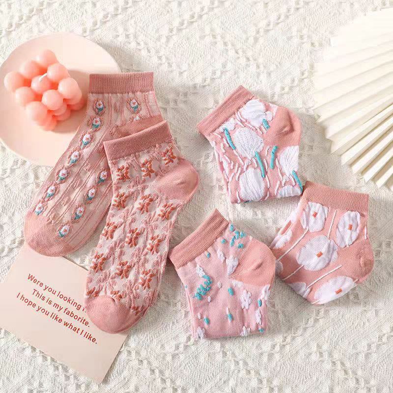 3D Pink Flowers Ankle Socks(5 Pairs) - image 3