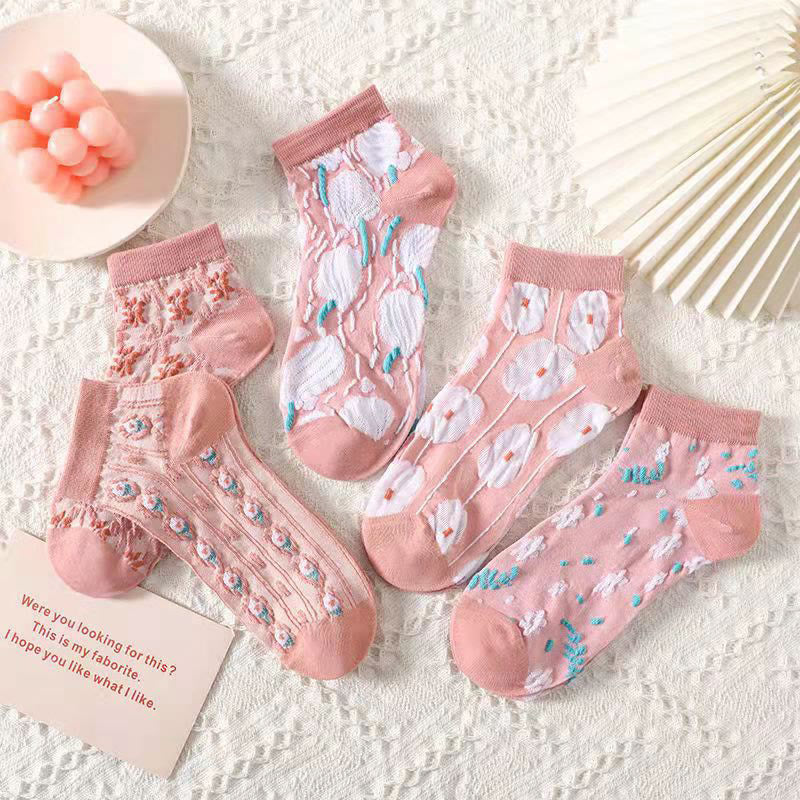 3D Pink Flowers Ankle Socks(5 Pairs) - image 4