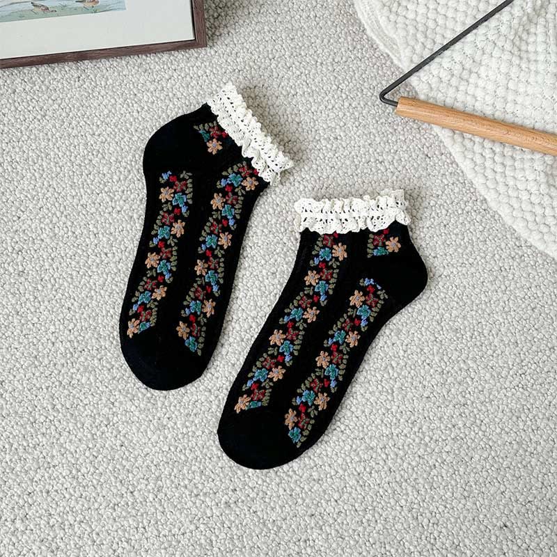 Retro Floral Ankle Socks(5 Pairs) - Black - EU36-40(US3-7) - image 13