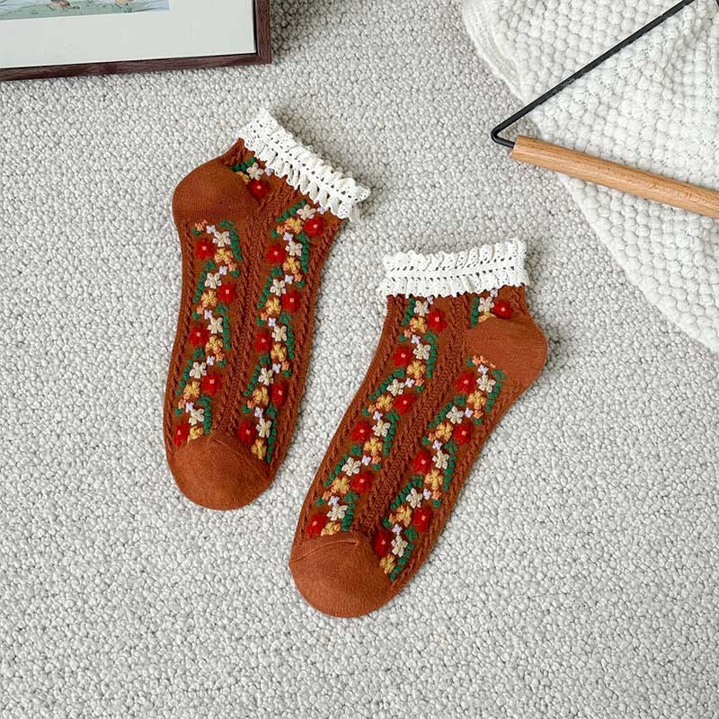 Retro Floral Ankle Socks(5 Pairs) - Orange - EU36-40(US3-7) - image 14