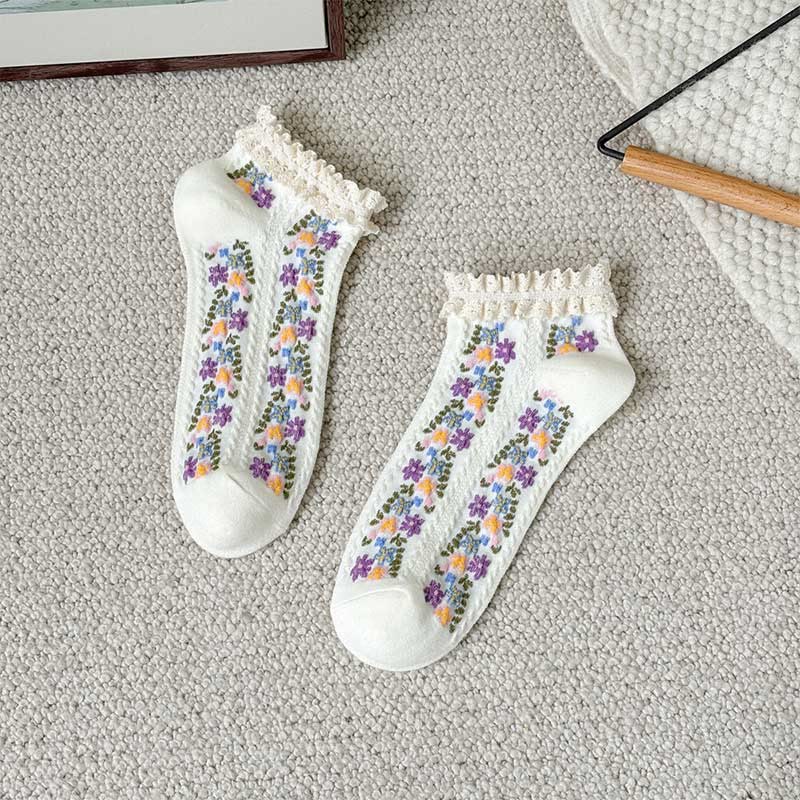 Retro Floral Ankle Socks(5 Pairs) - White - EU36-40(US3-7) - image 12