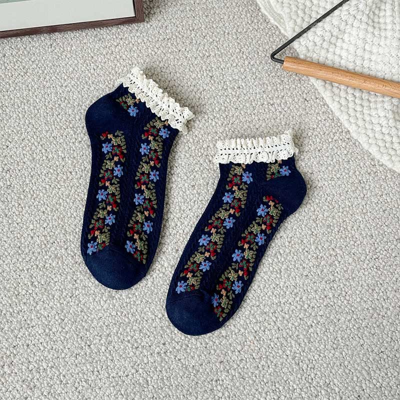 Retro Floral Ankle Socks(5 Pairs) - Navy Blue - EU36-40(US3-7) - image 16
