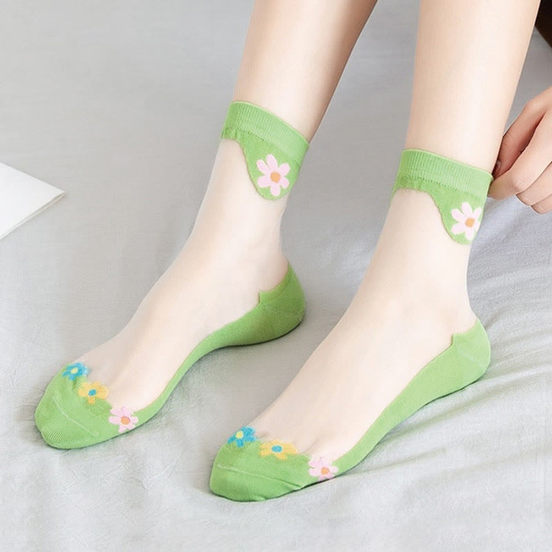 Flower Ice Silk Quarter Socks(9 Pairs) - Light Green - EU36-40(US3-7) - image 10