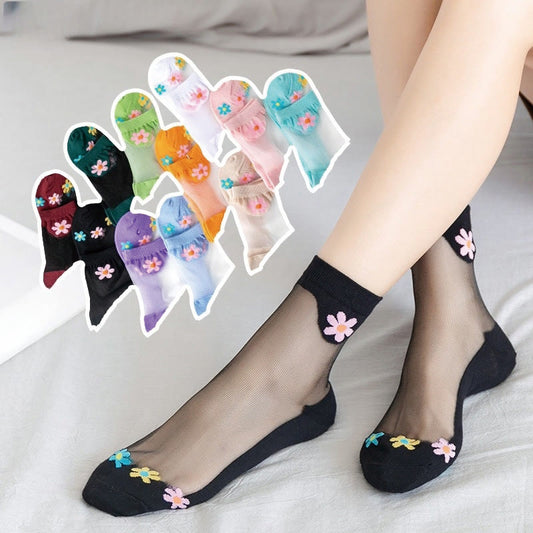 Flower Ice Silk Quarter Socks(9 Pairs) - image 1
