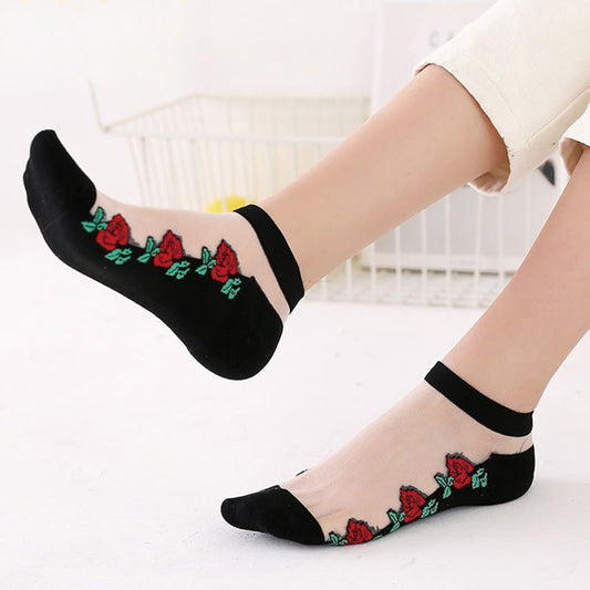 Breathable Red Rose Ankle Socks(5 Pairs) - A - EU36-40(US3-7) - image 1