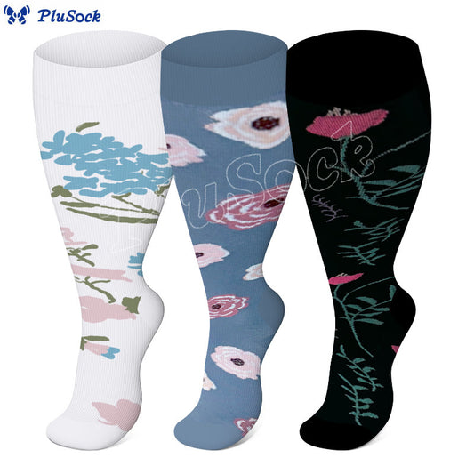 Plus Size Rose Chrysanthemum Compression Socks(3 Pairs) - image 1