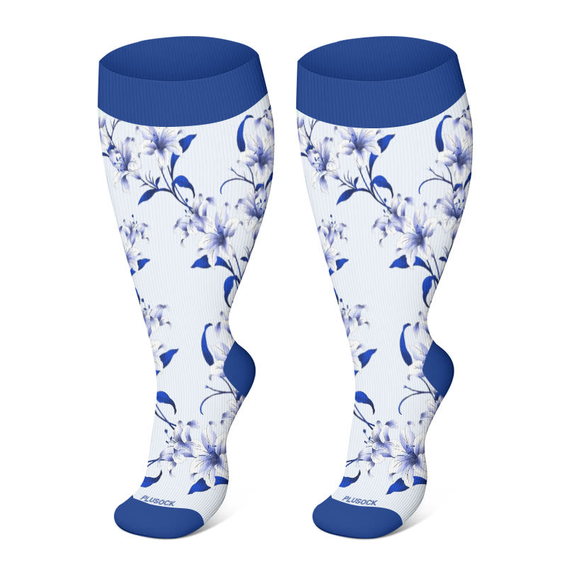 2XL-4XL Plus Size Harmonious Flowers Compression Socks - Blue - 4XL - image 11