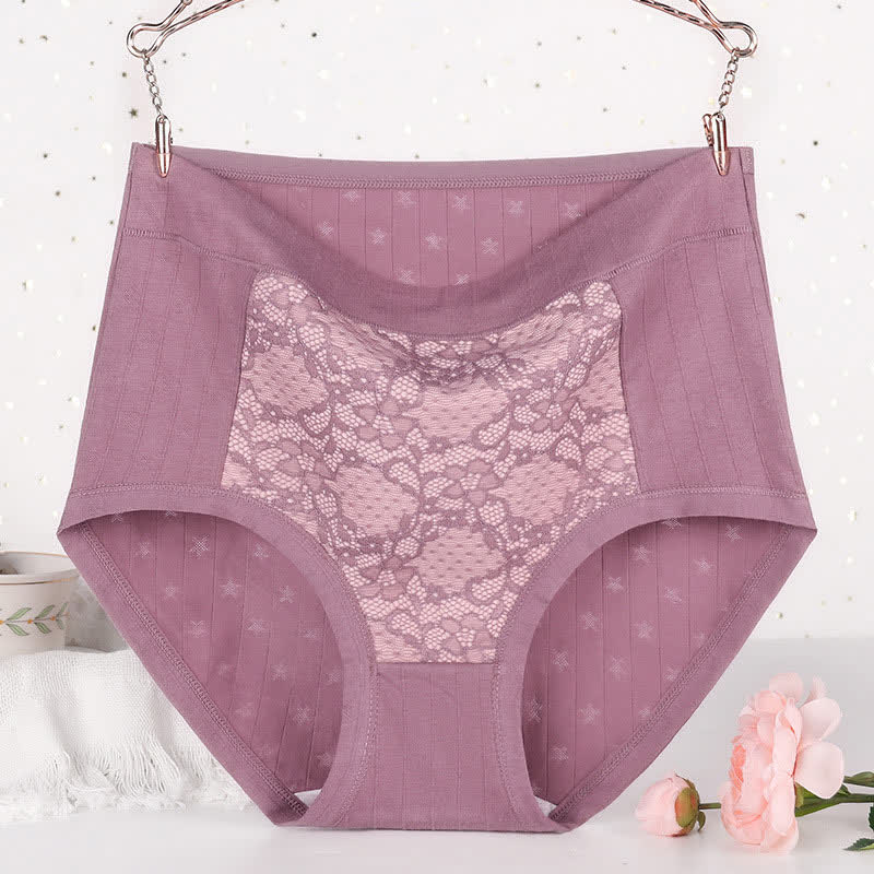 Plus Size High Waist Cotton Lace Floral Brief(3 Packs)