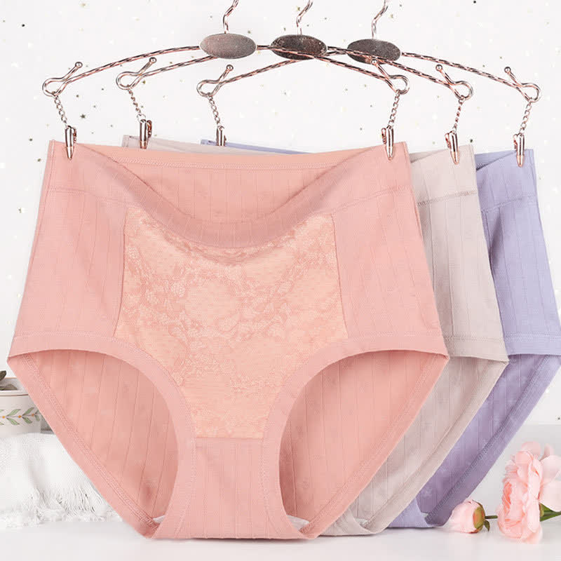 Plus Size High Waist Cotton Lace Floral Brief(3 Packs)