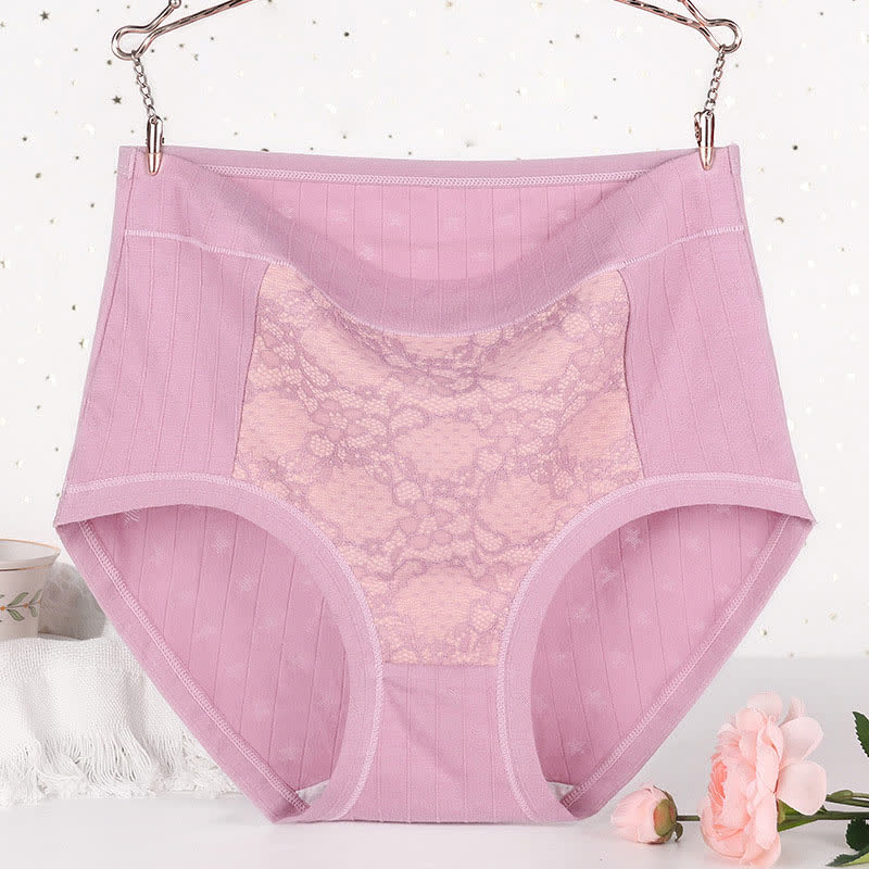Plus Size High Waist Cotton Lace Floral Brief(3 Packs)