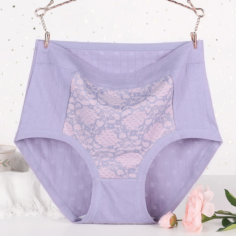 Plus Size High Waist Cotton Lace Floral Brief(3 Packs)