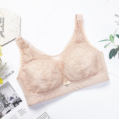 Lightweight Floral Embroidery Wireless Bra - Nude - 44 - D - image 8