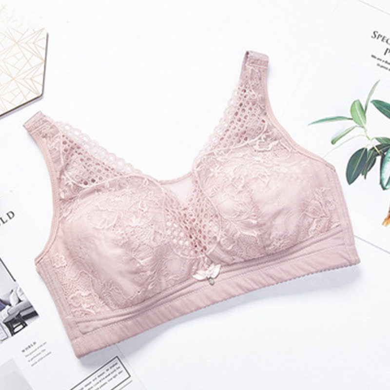 Lightweight Floral Embroidery Wireless Bra - Pink - 44 - D - image 3