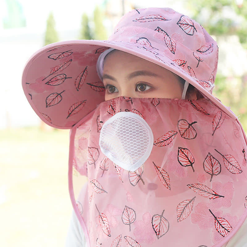 Leaf Print Large Brim Shawl Mask Sun Hat - Dark Pink - One Size - image 4