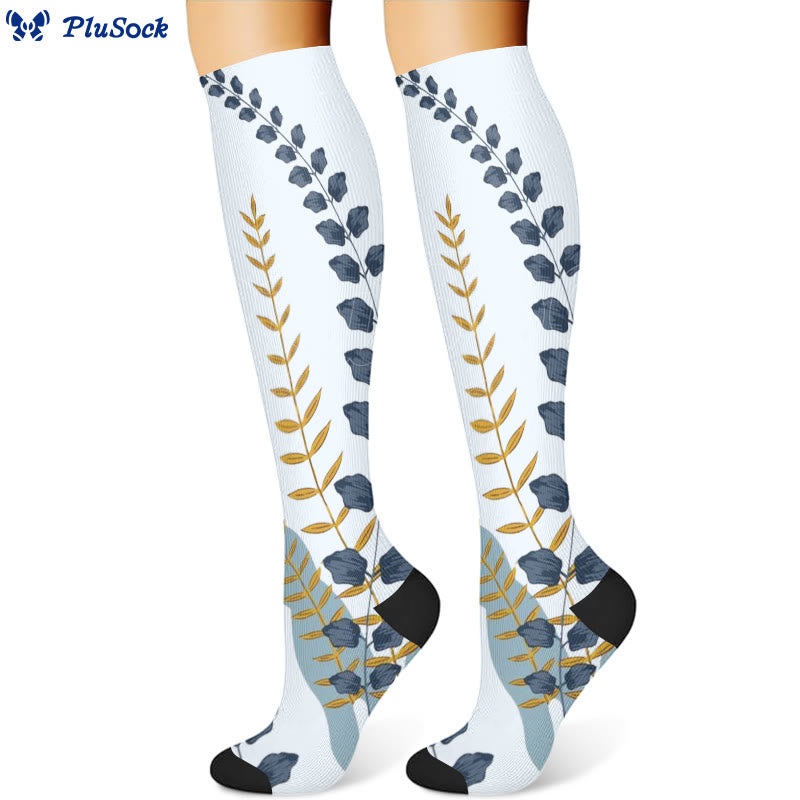Green Leaves Blue Flowers Compression Socks(3 Pairs)